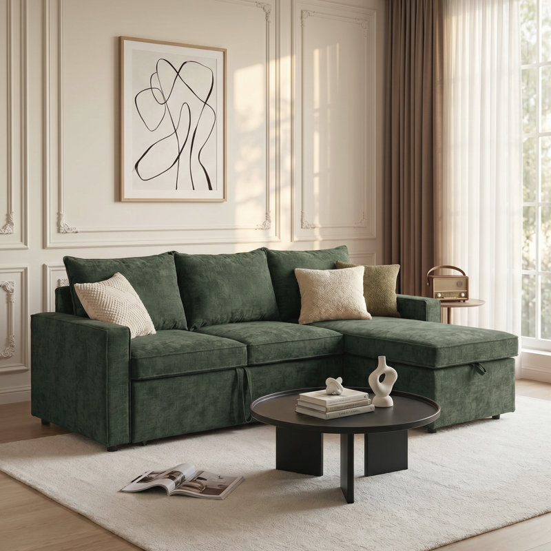 L-Shaped Sleeper Sectional Sofa with Pull-out Bed and Storage Chaise, Green