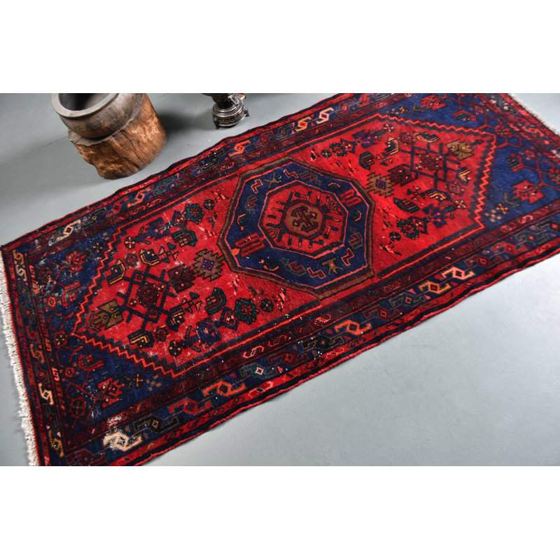 Tapis turc en laine tissé à la main avec motif géométrique rouge et bleu pour un décor classique bleu / rouge