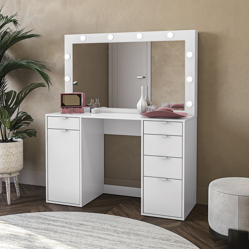 Meuble-lavabo de 47 po de large Josi avec grand miroir lumineux à DEL intégré, 5 tiroirs et 1 porte de rangement