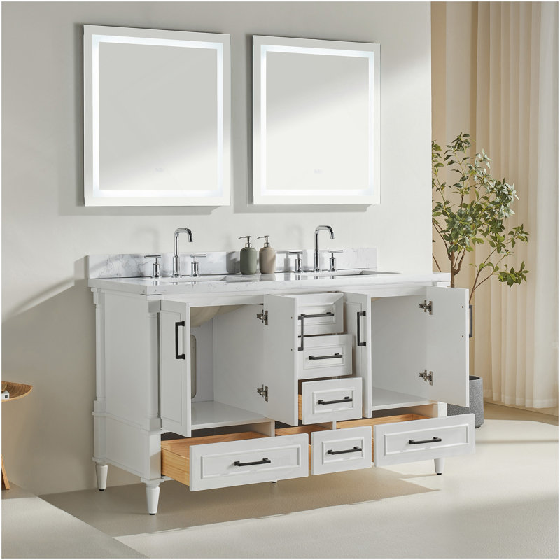 Ensemble de meuble-lavabo double autoportant 60 po avec 2 poignées entièrement assemblé