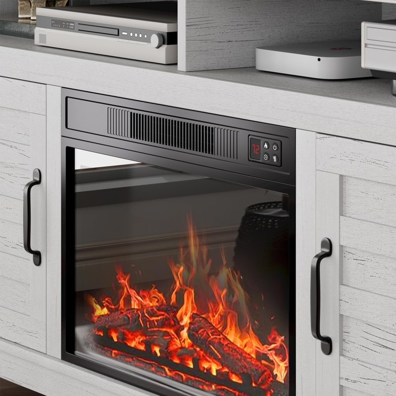 Meuble télé 63 po avec insert électrique 23 po, 8 compartiments de rangement et tablettes réglables Farmhouse, Blanc