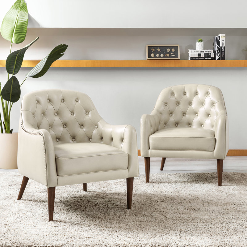 Meiyi 28.5" Wide Genuine Leather Barrel Chair Set of 2, Beige Genuine Leather