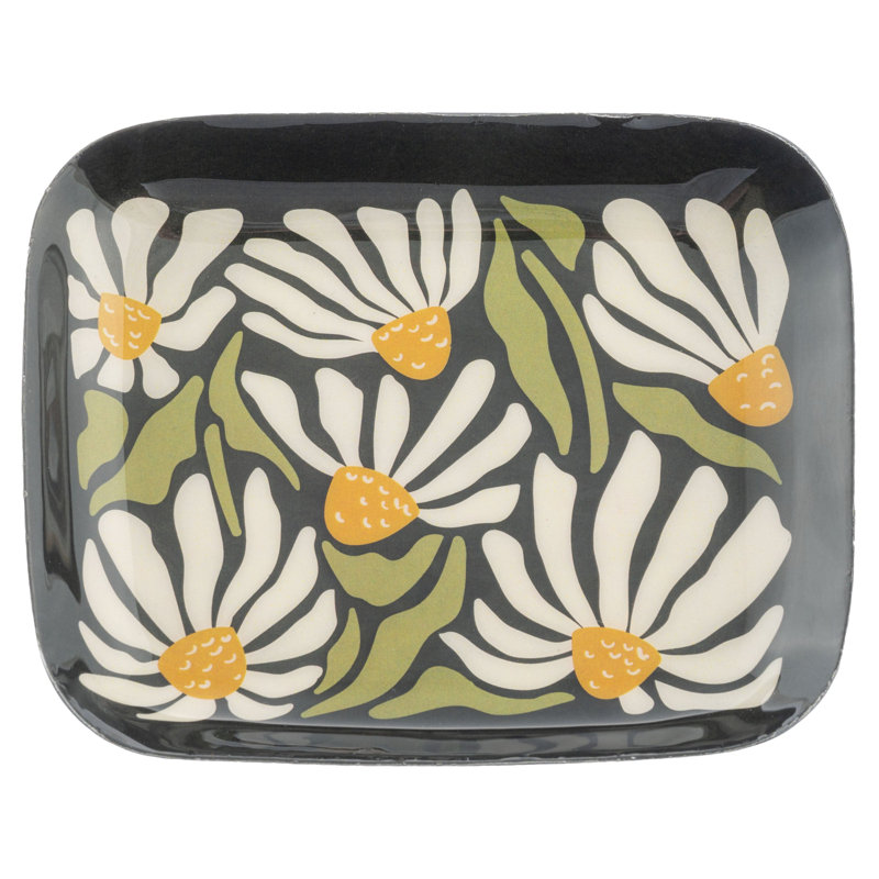 Petites marguerites rectangulaires en émail, Gris / blanc / vert / jaune, Marguerites