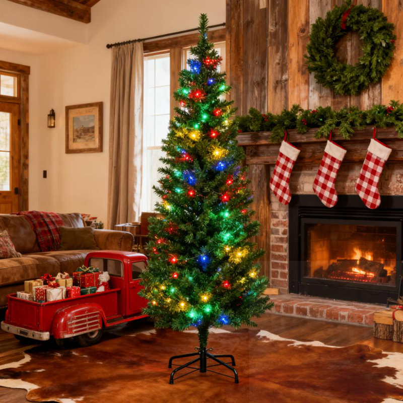 6ft Skinny Shape LED Pencil Christmas Trees with Steel Base, 7' H