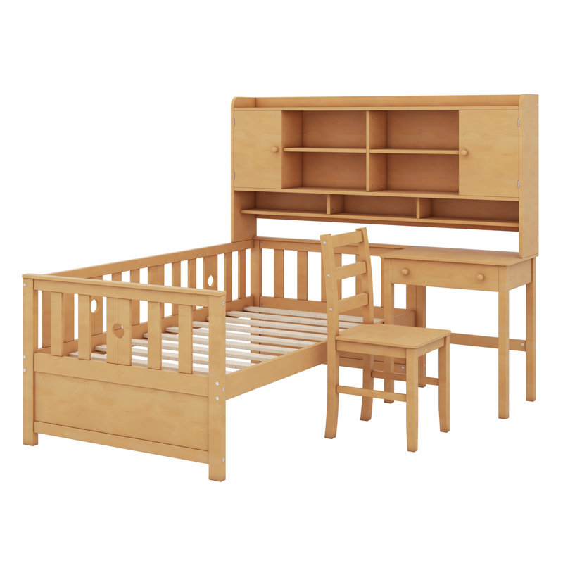 Multifunctional Wood Platform Bed With Bookshelf At The Head Of The Bed, Built-In Desk And Matching Chair