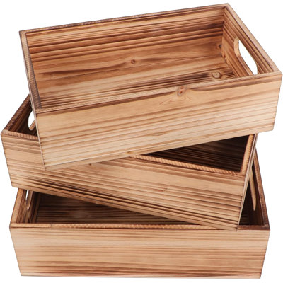 Rectangle Baskets Container Storage Crate,Nesting Box Stackable,Home Decoration Bin With Handles Farmhouse Decor,Solid Pine,L+M+S