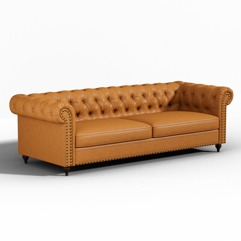 Canapé Chesterfield en similicuir à 3 places avec accoudoirs roulés Firoz, Brun