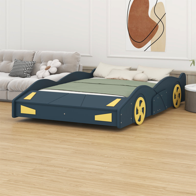 Lit plateforme avec roulettes et rangement Race, Lit double, Bleu foncé / Jaune