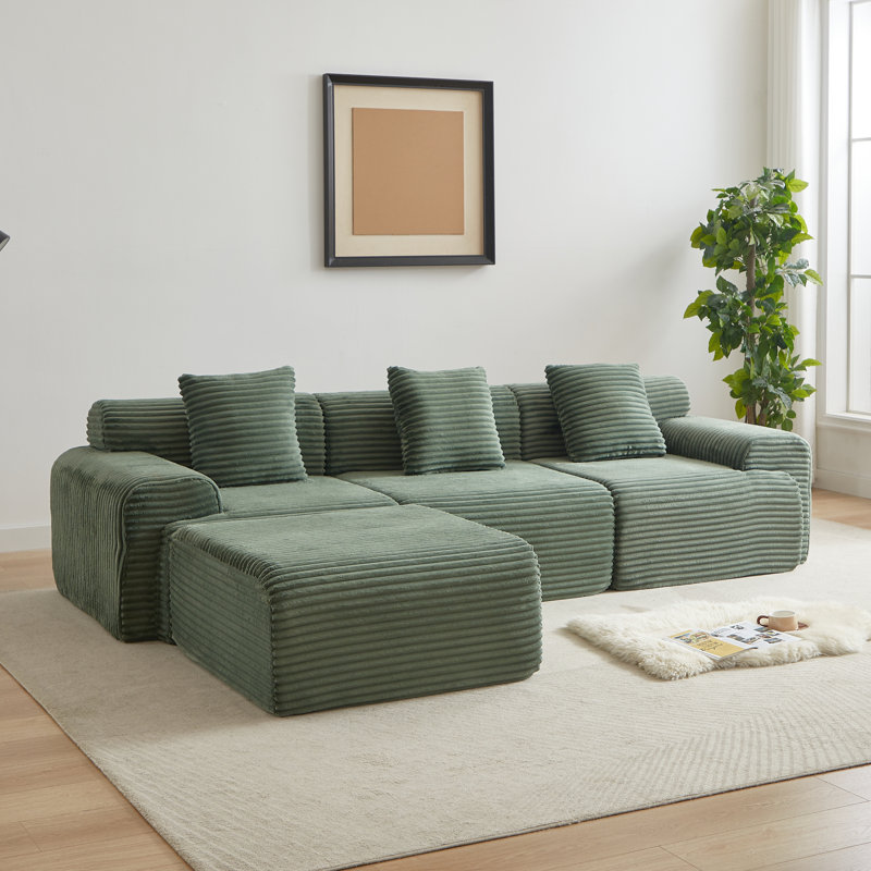 114" Corduroy Upholstered Sectional Sofa with Throw Pillows, Green Corduroy
