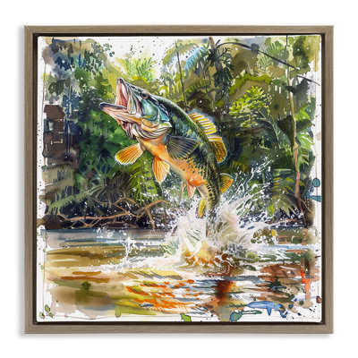  Jumping Bass Fish Framed Floater Canvas Wall Art by LSR Design Studio