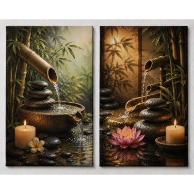 Grand ensemble de 2 fontaines zen de luxe, art mural sur toile en bambou tranquille pour salle de bain, impression sur toile 16 x 24 pouces - prête à être accrochée