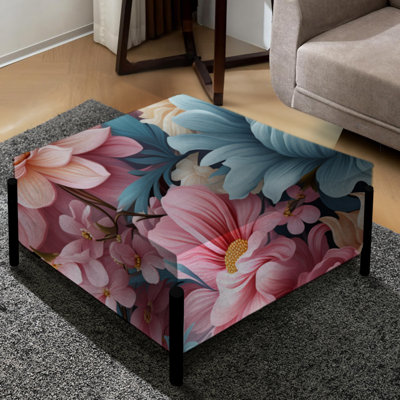 Blue And Pink Pastels Peonies Flowers Accent - Floral Large Square Ottoman