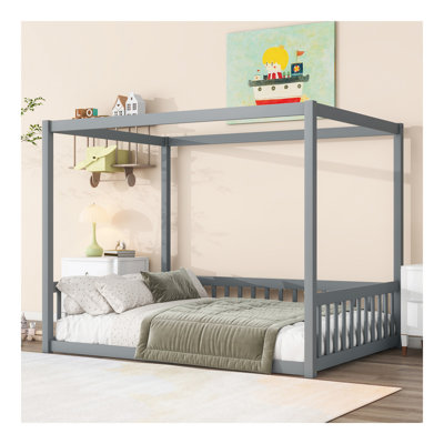 Lit double en bois d'hévéa avec clôture, garde-corps, gris
