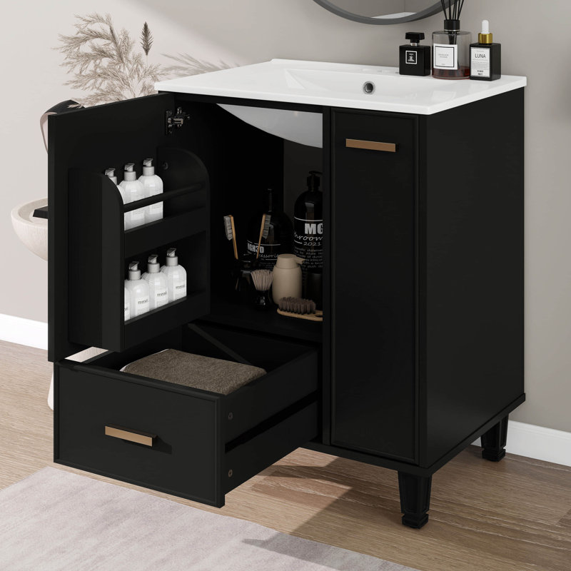 Meuble-lavabo 24 po avec lavabo en céramique, ensemble de meuble-lavabo autoportant avec tablette de porte, tiroir profond et panier coulissant à 2 niveaux