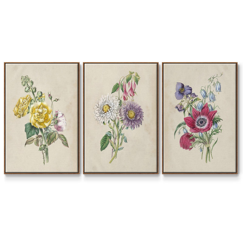 Antique Garden Bouquet I, ensemble de 3 toiles encadrées, H 36 po x l 72 po, Noyer