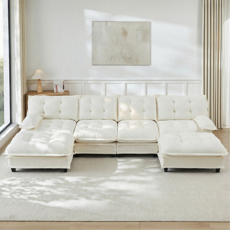  Canapé modulaire en U modulaire en U, chenille à 4 places avec 2 repose-pieds pour chambre à coucher et appartement, beige, sièges en mousse haute densité, assise détendue, sièges, repose-pieds profonds amovibles, moderne