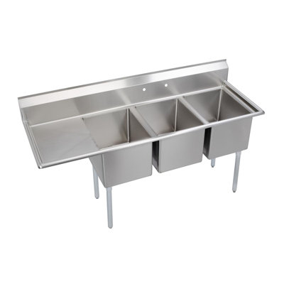 Elkay Dependabilt Stainless Steel 72-1/2" X 25-13/16" X 43-3/4" 18 Gauge Three Compartment Sink W/ 18" Left Drainboard And Stainless Steel Legs