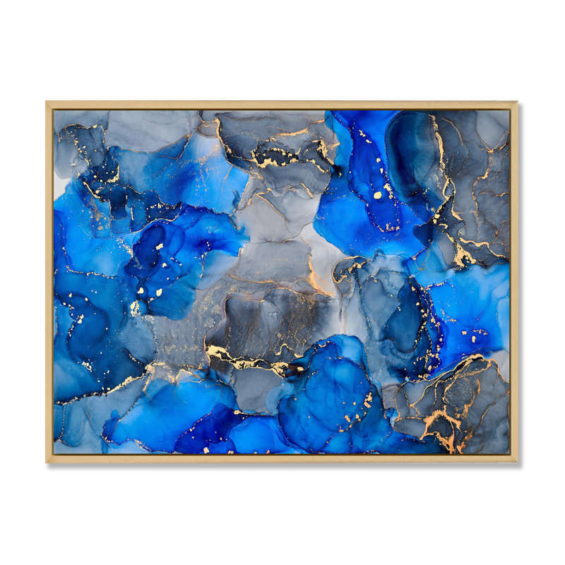 Bleu et gris luxueux abstrait fluide V - peinture sur toile, H 16 po x l 32 po x P 1 po, Cadre flottant érable