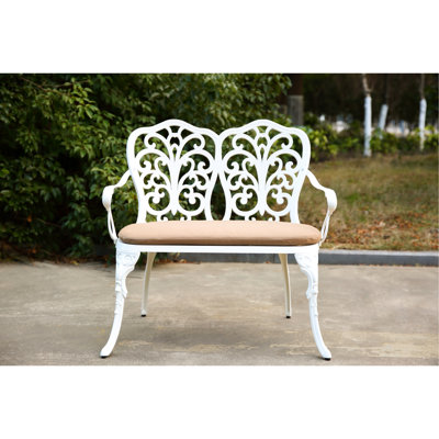 Banc d'extérieur en aluminium coulé, avec coussin floral rose et blanc pour coussin de patio, élément idéal pour patio, jardin, pelouse