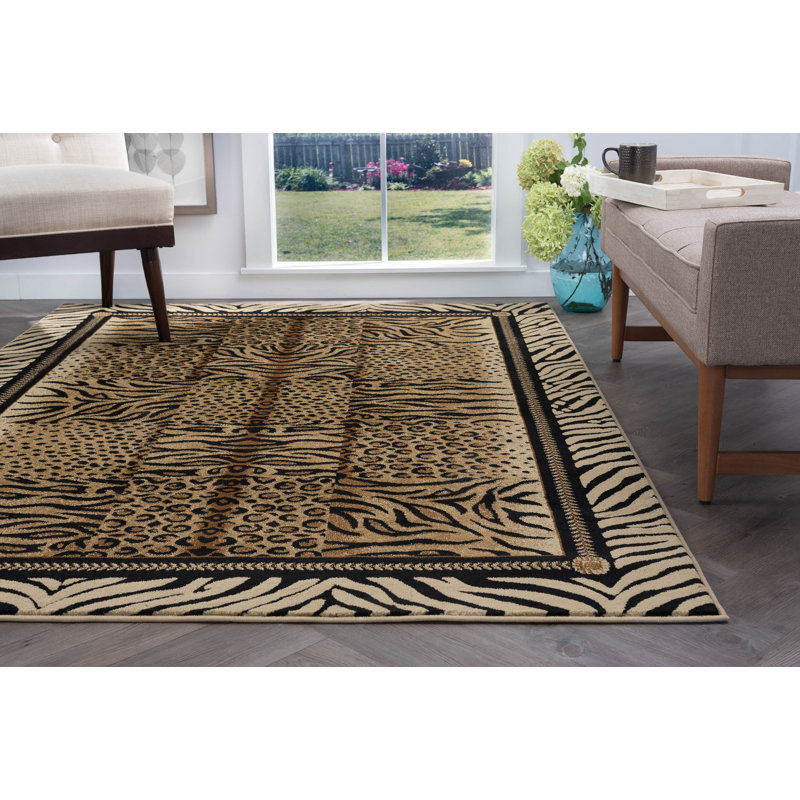 Tapis beige / noir à motif animal léopard, tigre et zèbre Alpaslan, Rectangle 7 pi 10 po x 10 pi 3 po