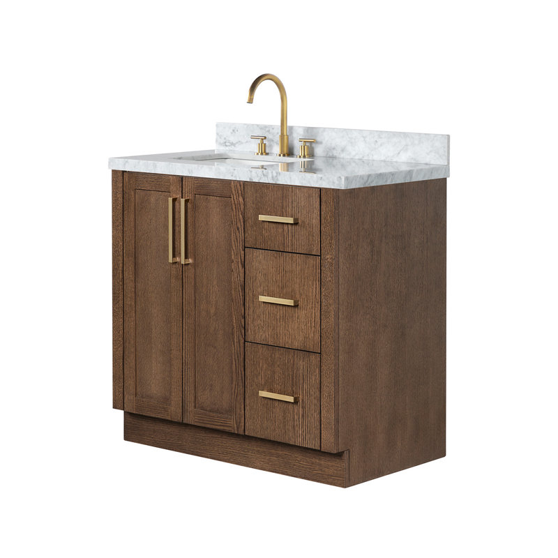 Meuble-lavabo rectangulaire simple décalé à gauche de 94 cm (37 po) avec comptoir en marbre blanc de Carrare de 3,8 cm (1,5 po) d'épaisseur et finition chêne brun