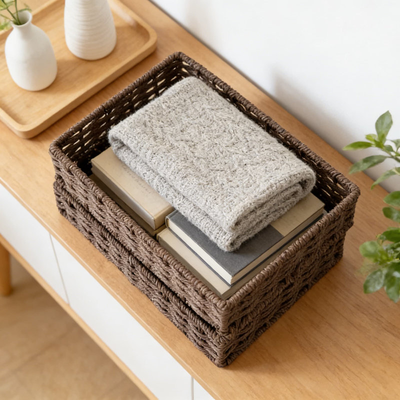 Woven Paper Rope Storage Baskets, 4-Pack Rectangular Organizer Trays For Drawers, Shelves, Closet, And Home Decor