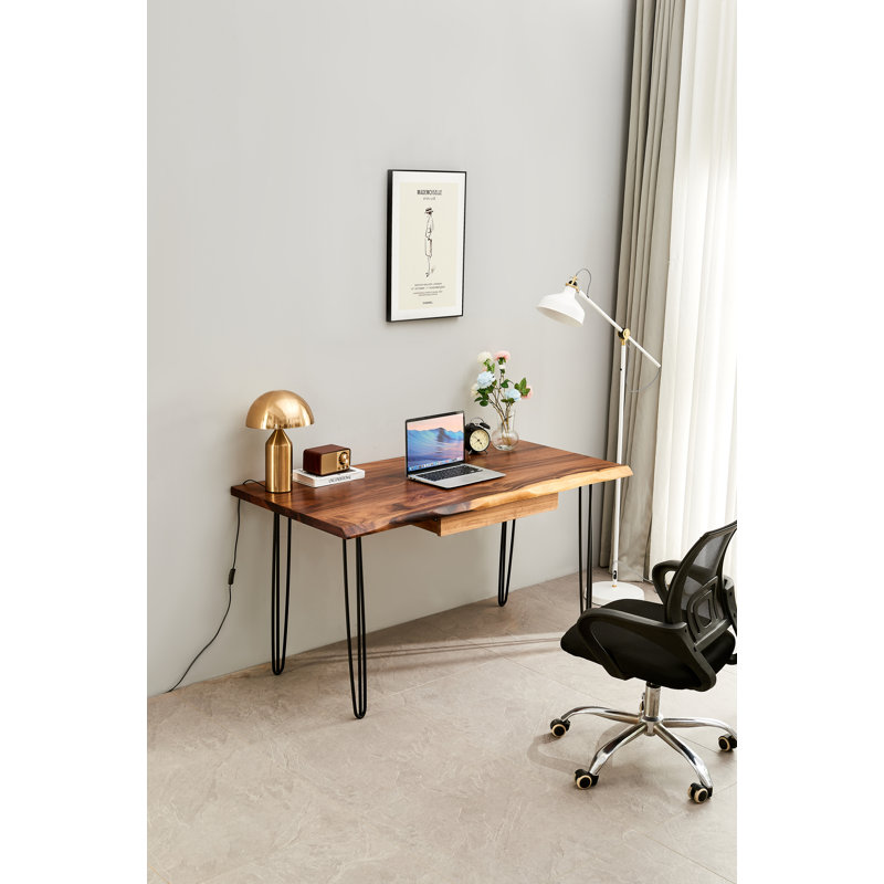 Live Edge Desk with Hairpin Legs and South American Walnut, Live Edge Desk with Drawer Storage, 29.5" H x 58" W x 28" D