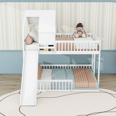 Full XL over Queen Wooden House Bunk Bed with Slide