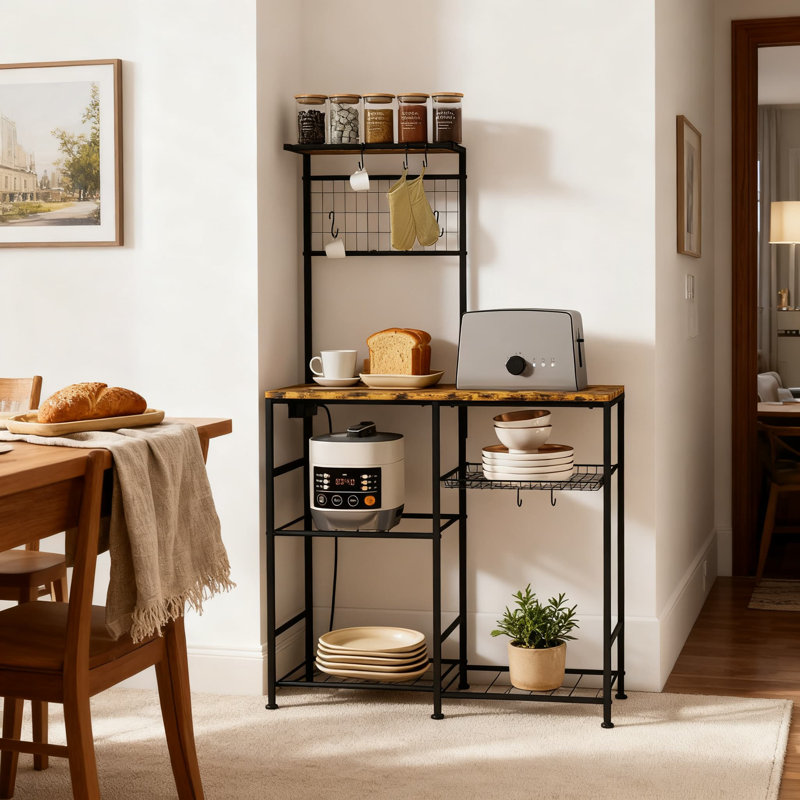 Étagère de cuisine avec 3 prises de courant, étagère de rangement à 6 niveaux avec panier amovible, support à micro-ondes et station de café avec 10 crochets en S