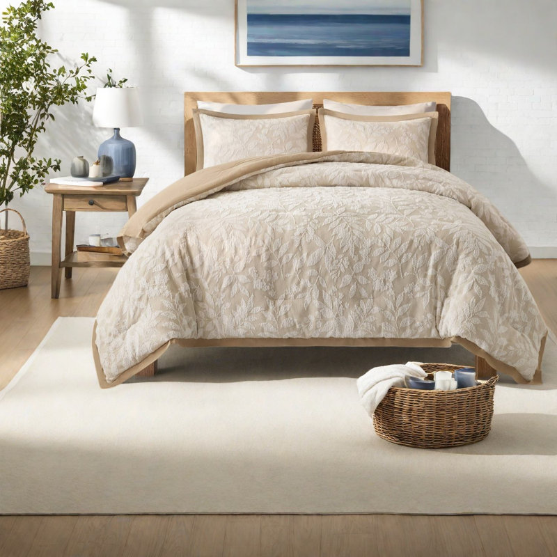 De literie en mélange de coton pour grand lit, édredon en jacquard botanique beige