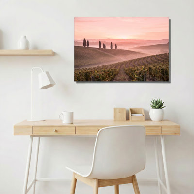 «Vineyard Rows with Cypress Trees and Pink Morning Sky», art mural sur toile