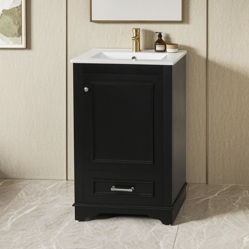 Meuble-lavabo avec lavabo en céramique et tiroir de rangement, Noir