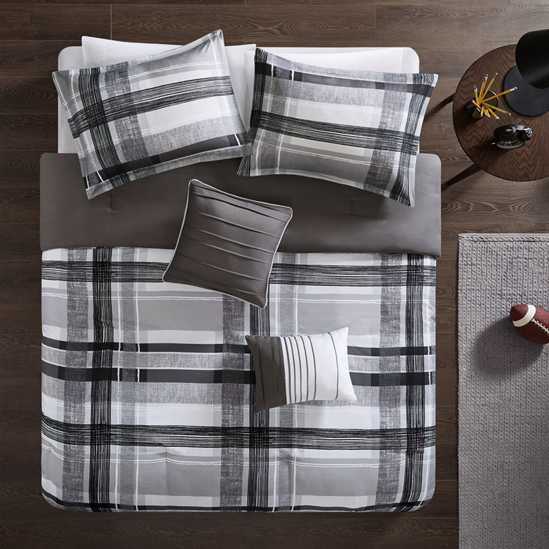Édredon double / grand à carreaux - Literie moderne noire et grise avec édredon, taies décoratives, 2 coussins, chambre à coucher élégante et confortable en noir