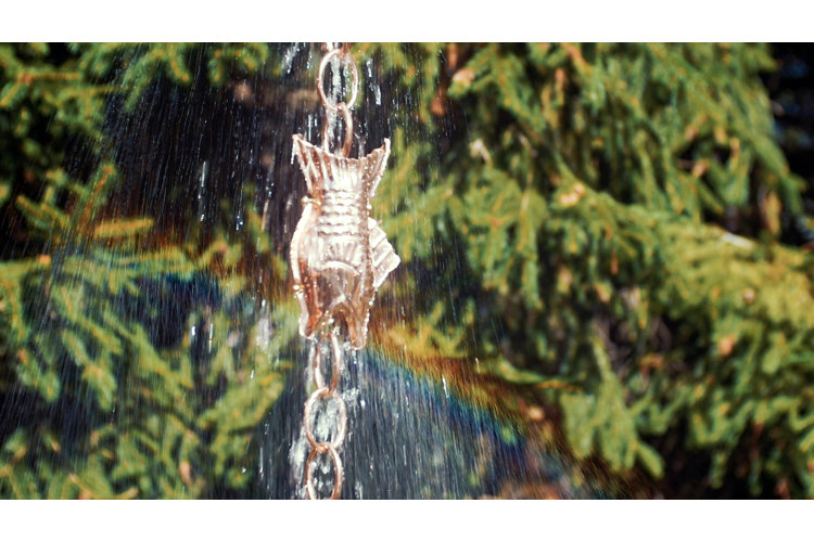close up of a rain chain with fish shaped cups with water running through it