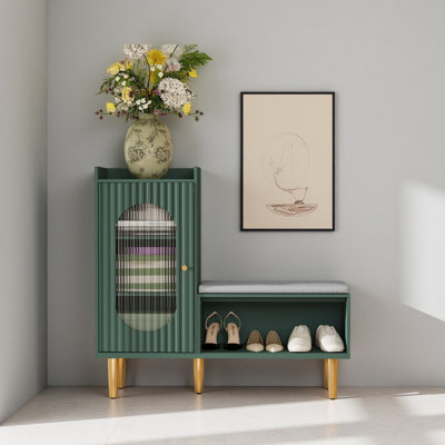 Range-chaussures pour hall d'entrée, banc de rangement pour chaussures en L avec siège rembourré, rangement moderne avec porte en verre et tablette pour le couloir