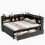 Lit double pleine grandeur en forme de L avec prises de courant, ports de chargement USB, deux tiroirs, espresso