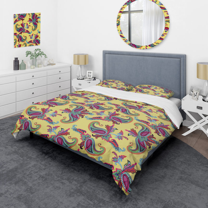 Ensemble de housse de couette à motif cachemire floral mauve et crème, Housse de couette pour très grand lit et 2 très