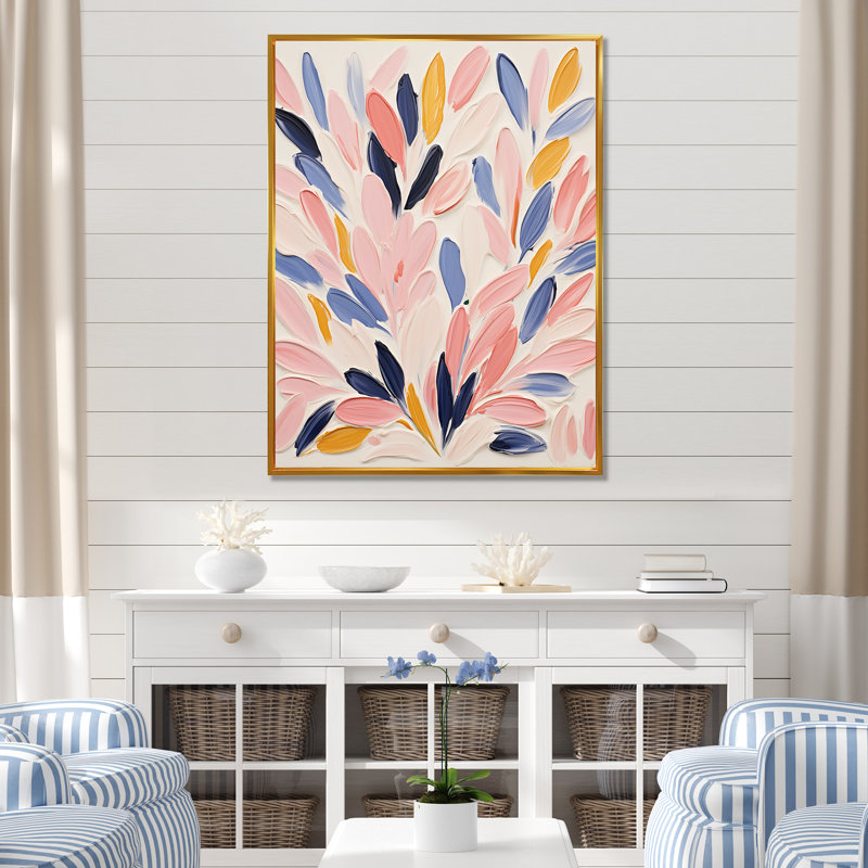 Rose et bleu fond de corail floral - art mural corail, Cadre flottant doré, H 32 po x l 24 po