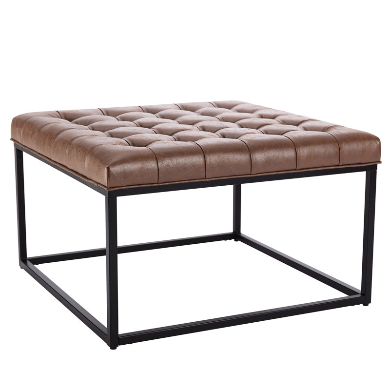 28" Square Button Tufted Metal Ottoman With Multiple Fabric Options, Dark Brown Faux Leather