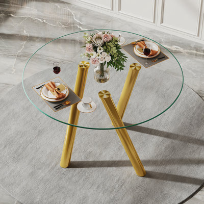 Table de salle à manger 35 pouces en verre trempé avec pieds robustes en métal