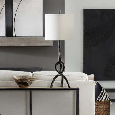 Lampe de table en résine noire de 100 cm de hauteur avec abat-jour en lin couleur avoine