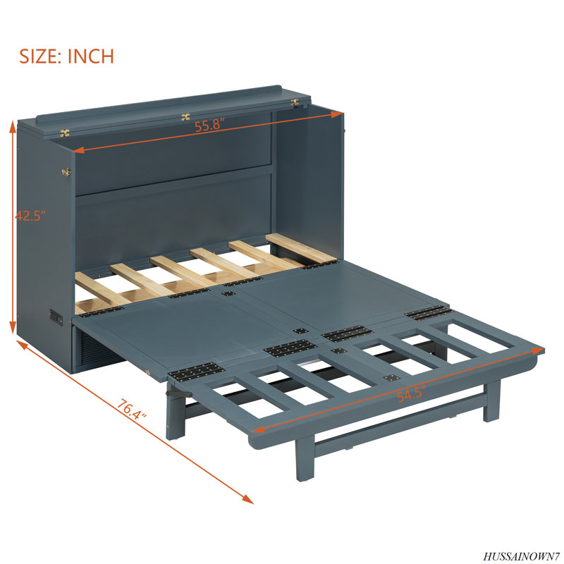 Lit escamotable avec grand tiroir, ports USB et prises USB, Gris, Lit double