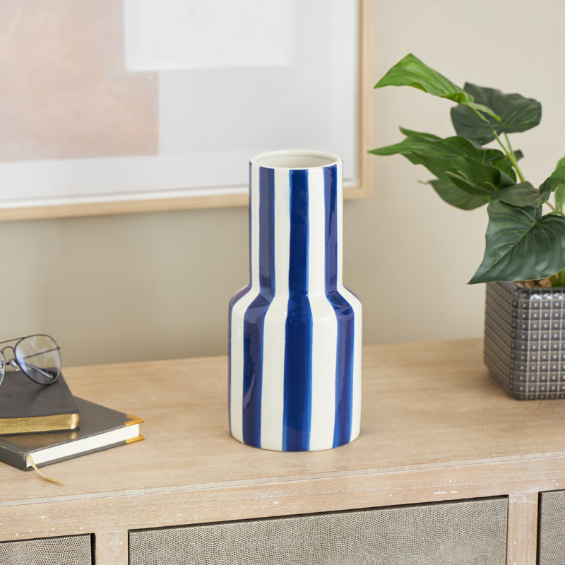 Cole And Grey Ceramic Round Decorative Vase With Black Vertical Stripes, Blue, 11.05" H x 5.2" W x 5.2" D