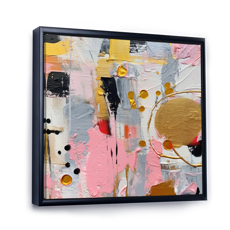 Rose et gris géométrique III sur toile, Cadre flottant noir, H 24 po x l 24 po x P 1 po