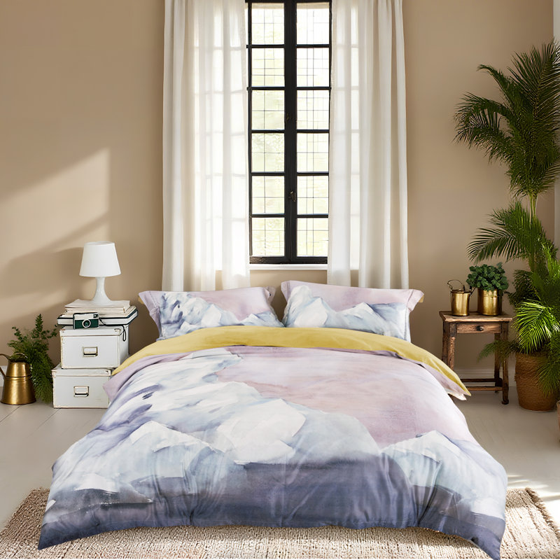 Lunaria Anyston Gray/Pink Long-staple Cotton Duvet Cover Set, Queen Duvet Cover + 2 Queen Shams