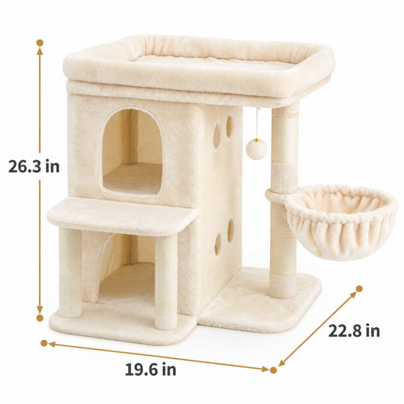 Arbre à chat de 67 cm avec grande plateforme, deux niches et griffoir en sisal