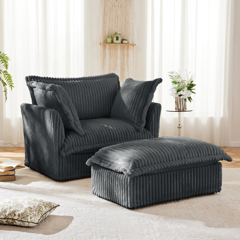 Fauteuil rembourré avec housse avec repose-pieds, assise profonde pour le salon, grands coussins moelleux pour un confort ultime