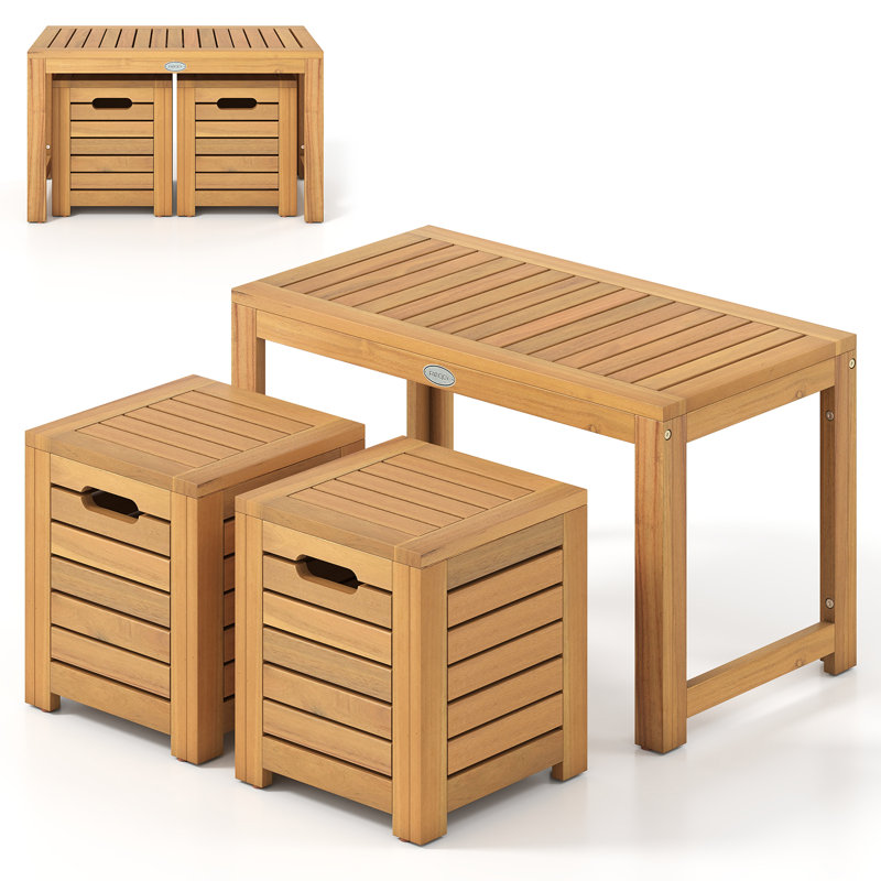 Ensemble de 3 tables basses d'extérieur en bois d'acacia avec tabourets