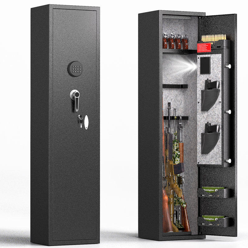 4-10 Rifle Safe Quick Access with LED Light, Long Gun Safe Shotgun for Pistols and Home, Metal Gun Cabinet with Pockets for Handgun and 3 Adjustable Shelves (assembled)