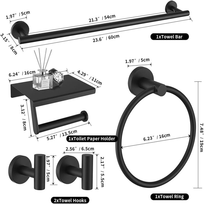 5-Piece Matte Black Bathroom Hardware Set – Stainless Steel Towel Bar, Towel Ring, Toilet Paper Holder & 2 Hooks, Concealed Mounting, Rust-Resistant, Supports 33 Lbs